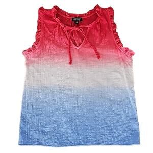 Feeling Festive Red White and Blue Gauzy Tunic Top Ruffles w/Tie Womens Size M